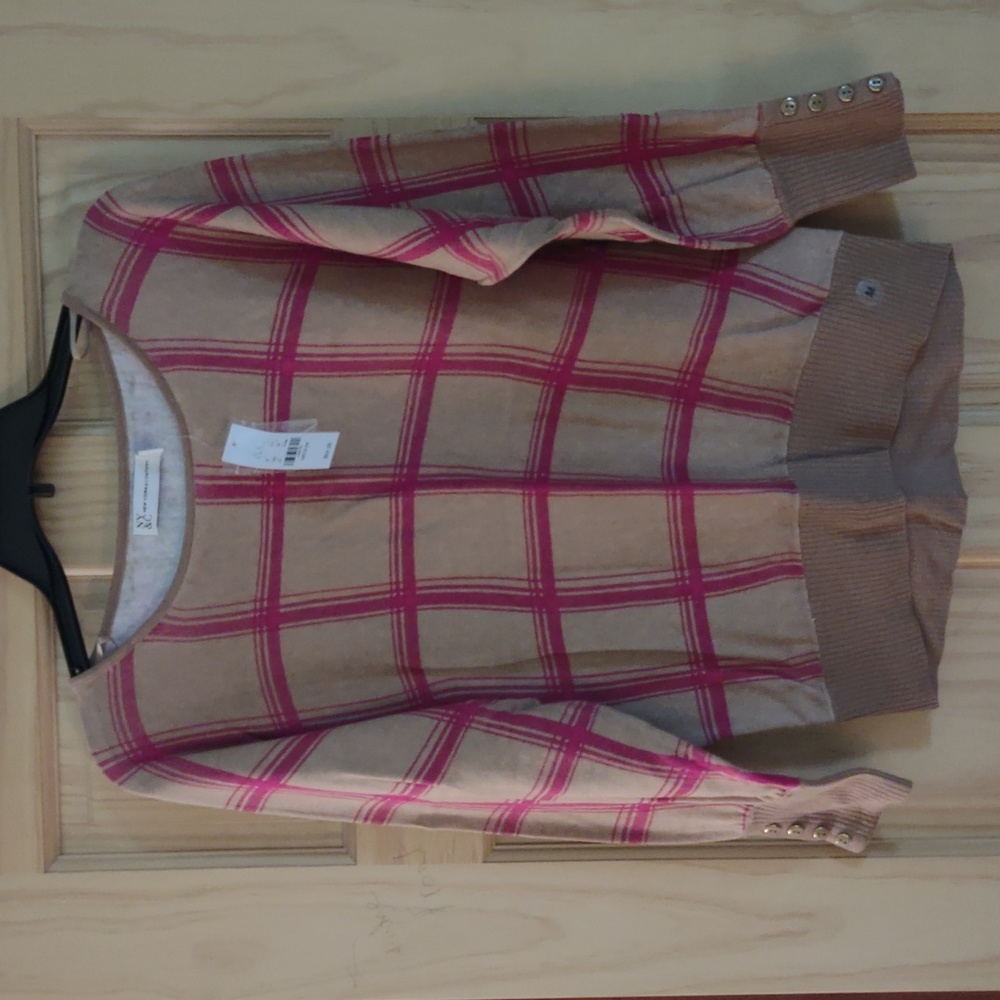 New! Light-weight Light brown and pink sweater with fake sleeve buttons